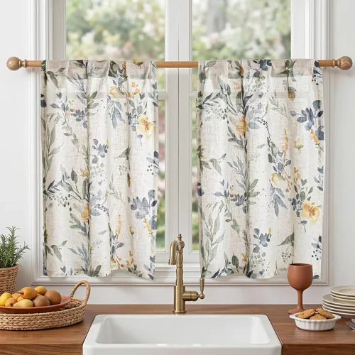 MYSKY HOME Cortinas florales de cocina de 24 pulgadas, cortinas de lino con patrón de flores de granja, bolsillo para barra de filtro de luz aireado
