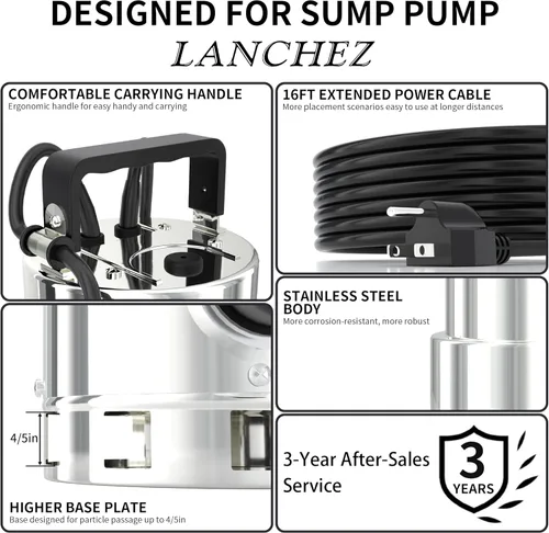 Miniatura 5 de LANCHEZ Bomba de sumidero de 1.6 HP 6000 GPH, bomba de agua sumergible de alto flujo de acero inoxidable con interruptor de flotador, bomba de agua