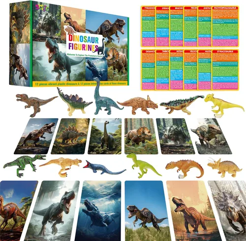 SpriteGru 12 piezas de figuras de dinosaurios con 12 tarjetas de presentación, figuras de dinosaurios portátiles Montessori, juguetes educativos de