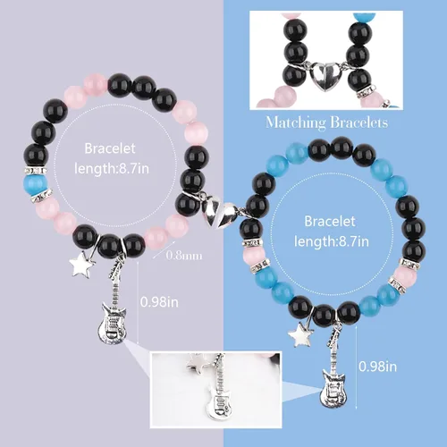 Miniatura 9 de 2 pulseras magnéticas para parejas, piedra natural negra mate, cristal para votos de amor eterno, juego de pulseras de cuentas de piedra de energía
