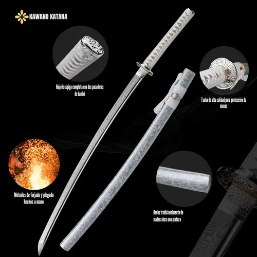 Miniatura 2 de Espada Katana KAWANO, espada japonesa de Damasco de acero plegable hecha a mano, espada samurái de lama completa funcional, mango de Rayskin real
