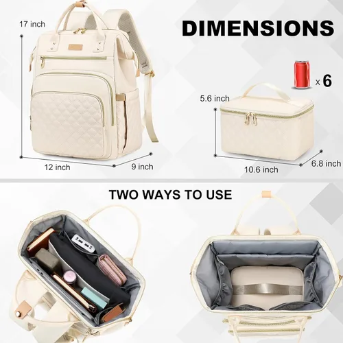 Miniatura 6 de AIJIEKE Mochila de almuerzo para mujer, mochila para laptop de 15.6 pulgadas con caja de almuerzo aislada desmontable, bolsa de trabajo 2 en 1 Beige