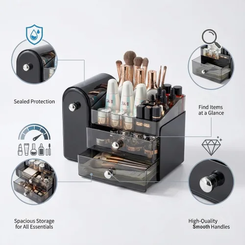 Miniatura 6 de Bird&Fish Organizador de maquillaje con soporte deslizante para cepillos, organizador transparente para el cuidado de la piel con cajones, Negro