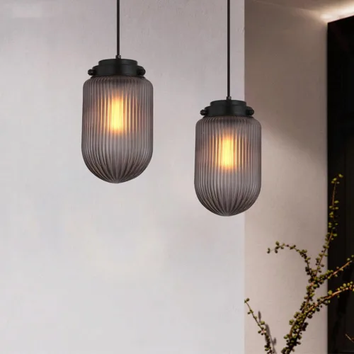 Miniatura 4 de 2 Pack Modern Smoke Gray Pendant Lights, Nordic Cylindrical Striped Glass Shade Ceiling Hanging Lighting, Adjustable Height E27/E26 Sockets