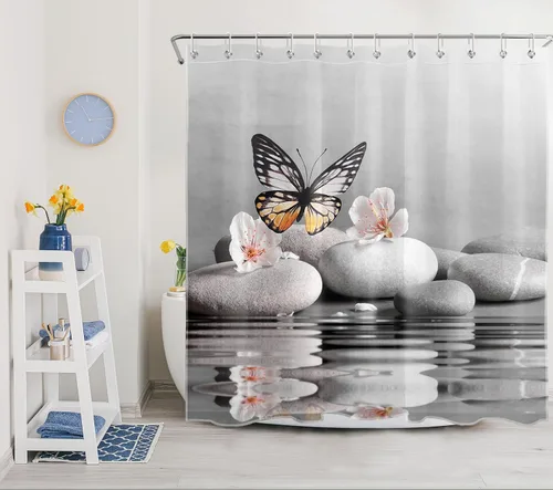 Miniatura 12 de LB Cortina de ducha asiática de piedra zen, cortina de ducha japonesa para baño, cortinas de baño de tela negra de 48 x 72 pulgadas con ganchos
