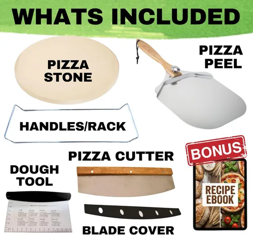 Miniatura 8 de Piedra redonda para pizza para horno de 16 pulgadas, piedra grande para pizza con asas, cáscara de pizza de metal, cortador de pizza y herramienta