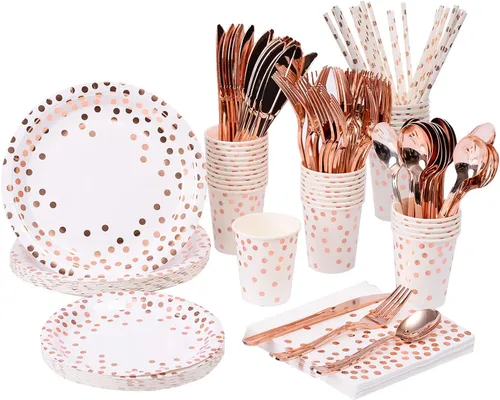 Miniatura 11 de 200 piezas de suministros para fiestas dorados - Platos de papel y servilletas dorados, cubiertos, tazas, sirve para 25 conjuntos para bodas, Punto
