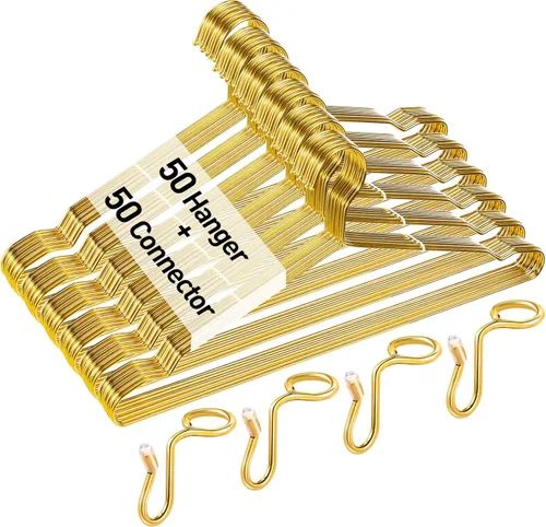 Wesiti Juego de 100 perchas doradas para ahorrar espacio, incluye 50 ganchos de alambre de metal resistente de 17.7 pulgadas con 50 ganchos
