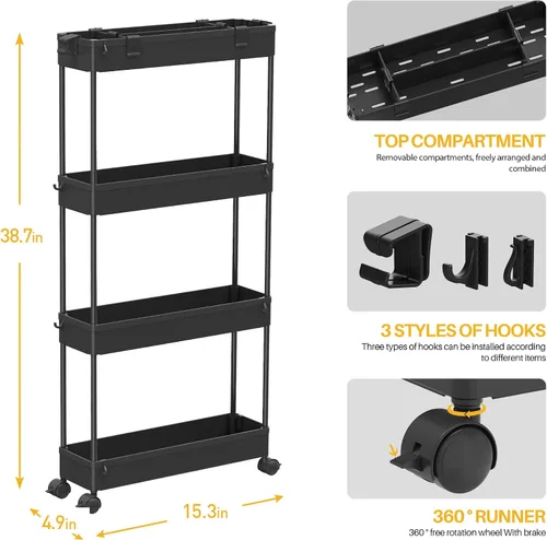 Miniatura 4 de SAKA - Carrito de almacenamiento delgado, carrito de almacenamiento rodante para el baño de 4 niveles, carrito organizador móvil de estanterías