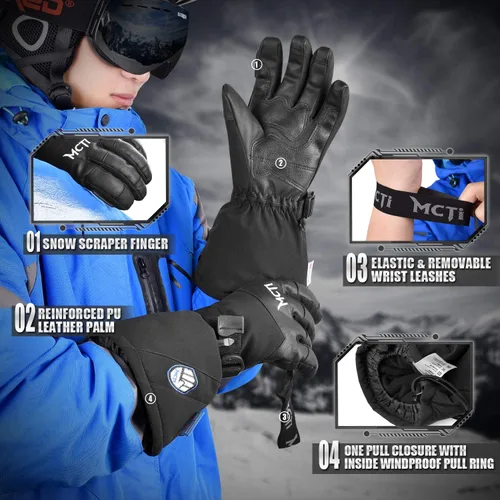 Miniatura 4 de MCTi - Guantes impermeables de invierno para snowboard, con piel sintética para pantalla táctil y correas para muñeca