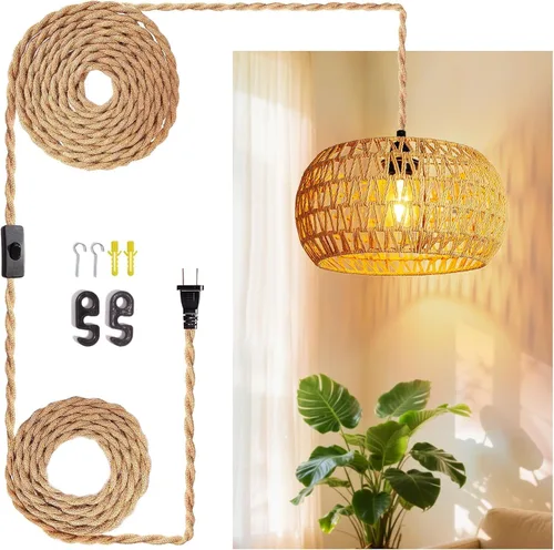 Miniatura 9 de Lámpara colgante de techo de ratán con cable de enchufe para sala de estar, dormitorio, cocina, interior, lámpara colgante enchufable con pantalla