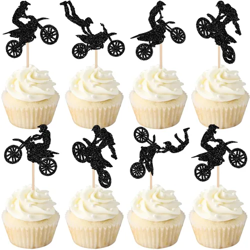 24 piezas de adornos para magdalenas de motocicleta, con purpurina negra, motocross, fiesta de motocross, para deportes, tema de motocross,