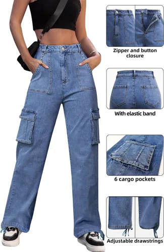Miniatura 4 de ZMPSIISA Pantalones cargo de cintura alta para mujer, pantalones casuales de pierna ancha, 6 bolsillos, pantalones militares de combate