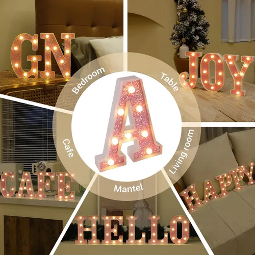 Miniatura 5 de Letras con luces LED, letras de marquesina con brillantina rosa, letras del alfabeto, letreros iluminados por pilas, para decoración de fiestas