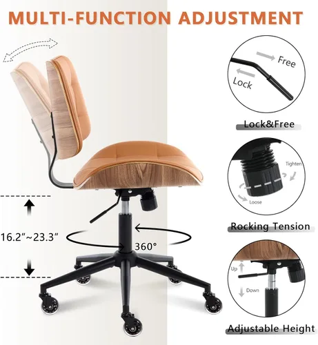 Miniatura 6 de Silla de Oficina para Hogar con Ruedas, Silla de Oficina Ajustable sin Brazos, Silla de Computadora Pequeña de Respaldo Medio de 360° de Cuero PU