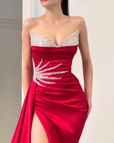 Miniatura 2 de Vestido de fiesta sin tirantes con lentejuelas para mujer, de satén, largo, formal, vestido de fiesta de noche, vestido de novia con abertura