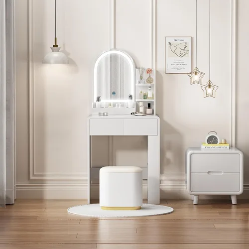 Miniatura 7 de Vanity, pequeño escritorio de tocador con espejo y luces, espacio de almacenamiento con estante lateral, tocador compacto para niñas