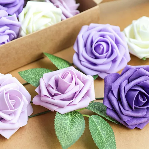 Miniatura 3 de AmyHomie Serie de flores artificiales, 25 rosas falsas de aspecto real con tallo para ramos de boda, centros de mesa, arreglos de fiesta, baby