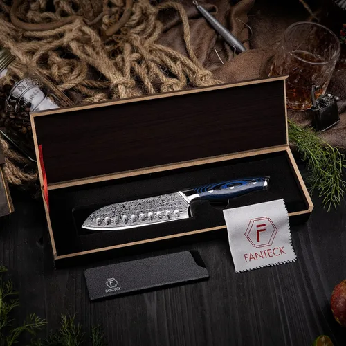 Miniatura 8 de FANTECK Santoku Cuchillo de cocina de acero japonés de Damasco de 5 pulgadas, VG10 de 67 capas de alto carbono, espiga completa, cuchillos Santoku