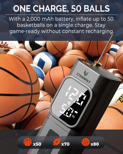 Miniatura 5 de ETENWOLF P200 Electric Ball Pump 2000mAh Sports Air Pump with Digital Pressure Gauge, Fast Inflation & Deflation for Basketball Soccer Volleyball