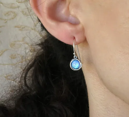 Miniatura 9 de Opal Earrings, Sterling Silver Dangle Earrings for women, Small round Blue Opal silver dangle earring, October Birthstone, Simple Opal earrings
