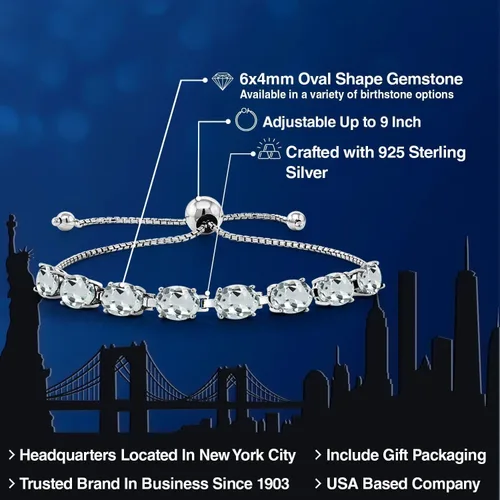 Miniatura 33 de Gem Stone King Pulsera de plata de ley 925 con piedra natal ovalada de 0.276 x 0.197 in para mujer, totalmente ajustable hasta 9 pulgadas
