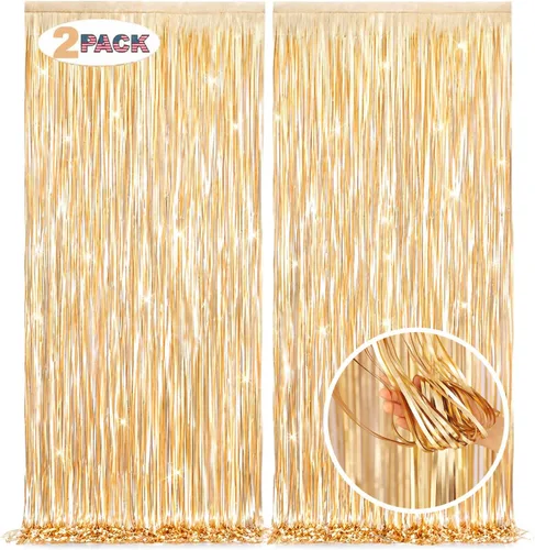 LILF - Cortinas tipo telón de fondo color dorado claro de 6.6 x 9.8 pies, paquete de 2 cortinas de flecos de papel de aluminio mate con cinta que no