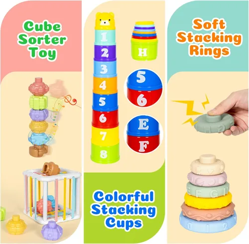 Miniatura 4 de Juguetes Montessori 6 en 1 para bebés recién nacidos, bloque de apilamiento suave, anillo de formas de aprendizaje sensorial para bebés, recipiente