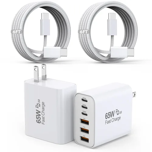 Bloque de carga USB C de 65 W, paquete de 2 bloques de carga rápida de 6 puertos con cable tejido tipo C a tipo C de 6 pies de largo, enchufe