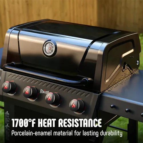 Miniatura 6 de Feasto Parrilla de barbacoa de gas de 4 quemadores con mesas laterales, parrilla de propano para exteriores de 36,000 BTU con cuerpo de cámara