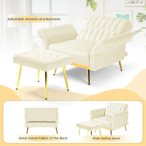 Miniatura 5 de Silla decorativa de terciopelo con respaldo y reposabrazos ajustables, sillón reclinable individual con otomana y patas mentales doradas para sala