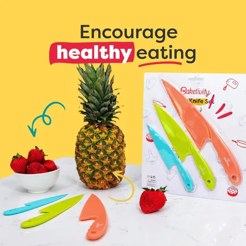 Miniatura 4 de Baketivity Juego de cuchillos para niños de 3 piezas Cuchillos seguros de plástico para niños para cocina Juego de cuchillos para niños pequeños