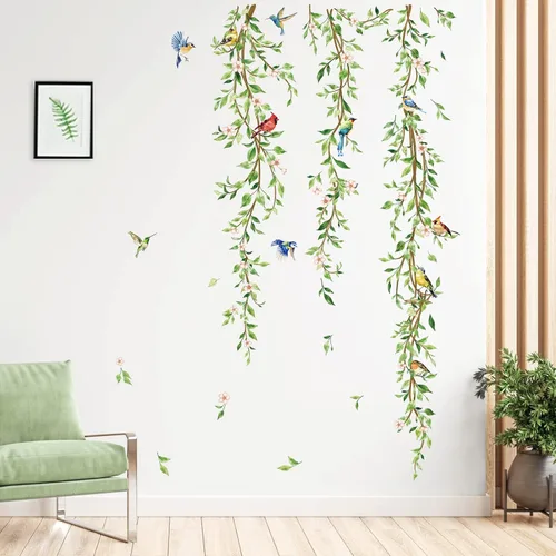 Miniatura 2 de Decalmile Calcomanías Colgantes de Vid de Pared Adhesivos de Hojas Verdes con Pájaros para Dormitorio Sala de Estar Oficina Cocina Decoración