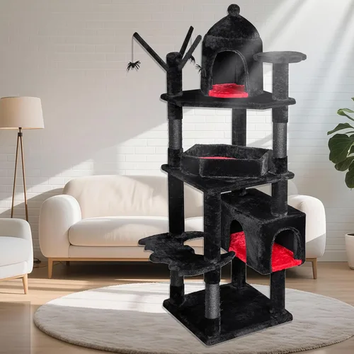 Miniatura 2 de BEWISHOME Árbol para gatos resistente, 63 pulgadas, árboles para gatos grandes, torre gótica para gatos con cama de ataúd, casas para gatos