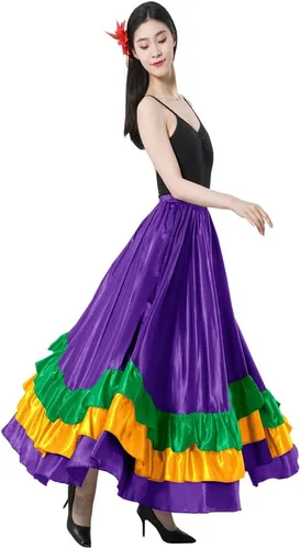 Miniatura 13 de Falda larga de baile para adultos, color negro, rojo, verde, falda folklórica para disfraz de Halloween flamenco mexicano