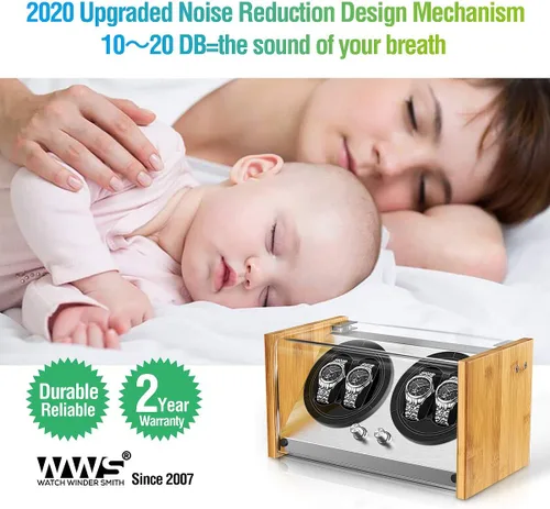Miniatura 5 de Bobinadora de reloj para 4 relojes automáticos - Caja de bobinadora de relojes de bambú con motor silencioso, 4 modos de rotación Watch Winder Smith