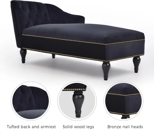 Miniatura 8 de Tumbona de terciopelo de 58 pulgadas, sillón con brazos copetudos con botones y ribete de cabeza de clavo y patas de madera maciza para sala