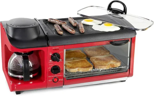 Miniatura 13 de Nostalgia Estación de desayuno retro 3 en 1, incluye cafetera de 5 tazas, plancha de cerámica antiadherente y horno tostador de 4 rebanadas, Rojo