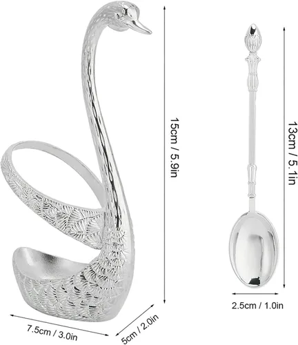 Miniatura 5 de Kit de cuchara de café con soporte en forma de cisne de aleación de zinc y 6 cucharas de café de acero inoxidable, juego de cucharas de comida