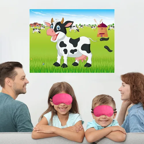 Miniatura 7 de Morcheiong Juego Pin The Tail on The Cow con 48 colas para decoraciones de fiesta de granja, recuerdos de fiesta de cumpleaños para niños