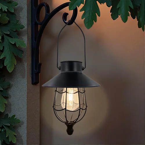 Miniatura 10 de Farol solar colgante para exteriores, faroles vintage de metal cobre, luces colgantes solares blancas cálidas, diseño de bombilla Edison impermeable