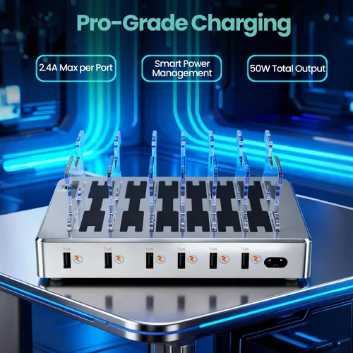 Miniatura 4 de Estación de carga rápida de 300 W para múltiples dispositivos, concentrador de carga USB de 6 puertos, organizador universal de cargador
