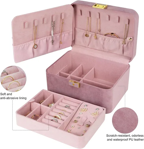 Miniatura 2 de KAMIER Joyero, 2 capas de piel sintética, caja organizadora de joyas de gran capacidad, doble cerradura y espejo grande, ganchos ocultos