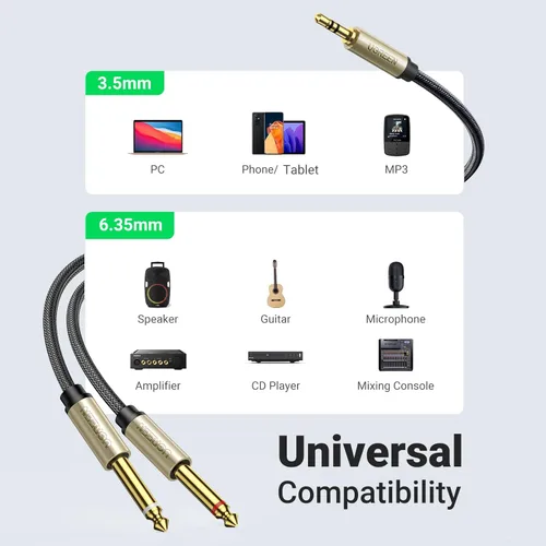 Miniatura 6 de Cables Ugreen: cable distribuidor en Y, enchapado en oro de 1/8 pulgadas TRS a 1/4 pulgadas TS mono para iPhone, iPod, tarjetas de sonido