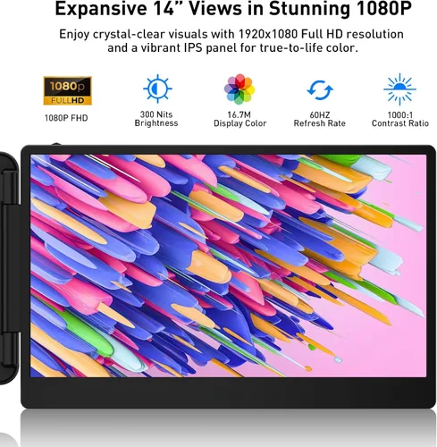 Miniatura 2 de TXV Extensor de pantalla para laptop, monitor portátil de 14 pulgadas para laptop, pantalla IPS Full HD 1080P, USB-C y HDMI, altavoces duales, gama