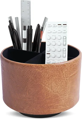 Miniatura 24 de Organizador Redondo de Cuero para Suministros de Arte, Soporte para Control Remoto, Rotación de 360 Grados, Soporte Multifuncional para Lápices