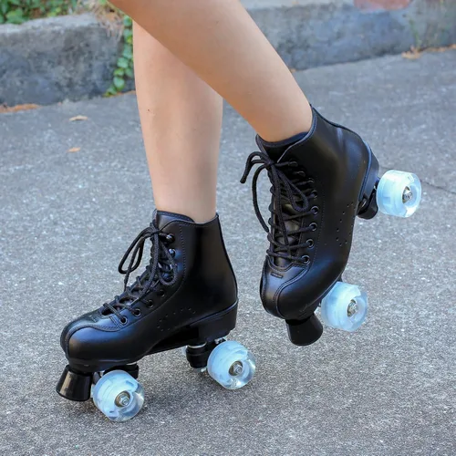 Miniatura 4 de Patines de ruedas para hombres y mujeres, patines Derby negros con 4 ruedas brillantes, patines clásicos de doble fila para interiores y exteriores