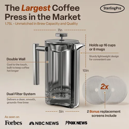 Miniatura 3 de Prensa de café francesa de acero inoxidable y doble pared de SterlingPro., Acero inoxidable, acabado de espejo, 2L