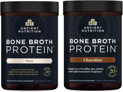 Ancient Nutrition Polvo de proteína de caldo de hueso, puro, 20 porciones + polvo de proteína de caldo de hueso, chocolate, 20 porciones