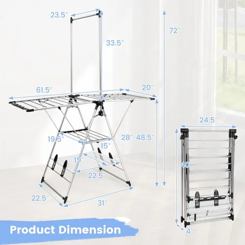 Miniatura 7 de Giantex Estante de secado de ropa, estante de secado de ropa plegable con altura ajustable de 6 niveles, diseño de colgador alto, clips laterales